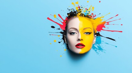 Woman's face is painted with bright colors and splatters of paint. The colors are red, yellow, and blue. The woman's face is the main focus of the image
