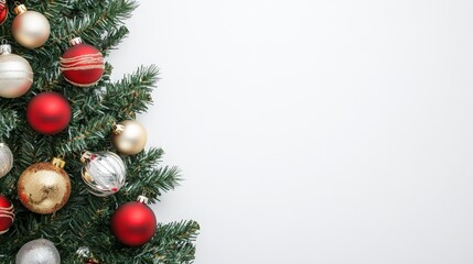 A festive Christmas tree with colorful ornaments against a plain background, evoking holiday spirit and cheer.