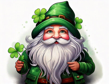st patricks day gnome holding a clover in hand, cartoon cute st patrick's day isolated on white, green hand drawn gnome element card background	Adobe Illustrator Artwork vector