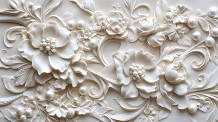 Elegant white floral 3D wall art; ornate design, pearl accents; textured background; home decor