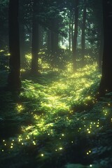 Naklejka premium A serene forest path illuminated by glowing fireflies in the twilight.