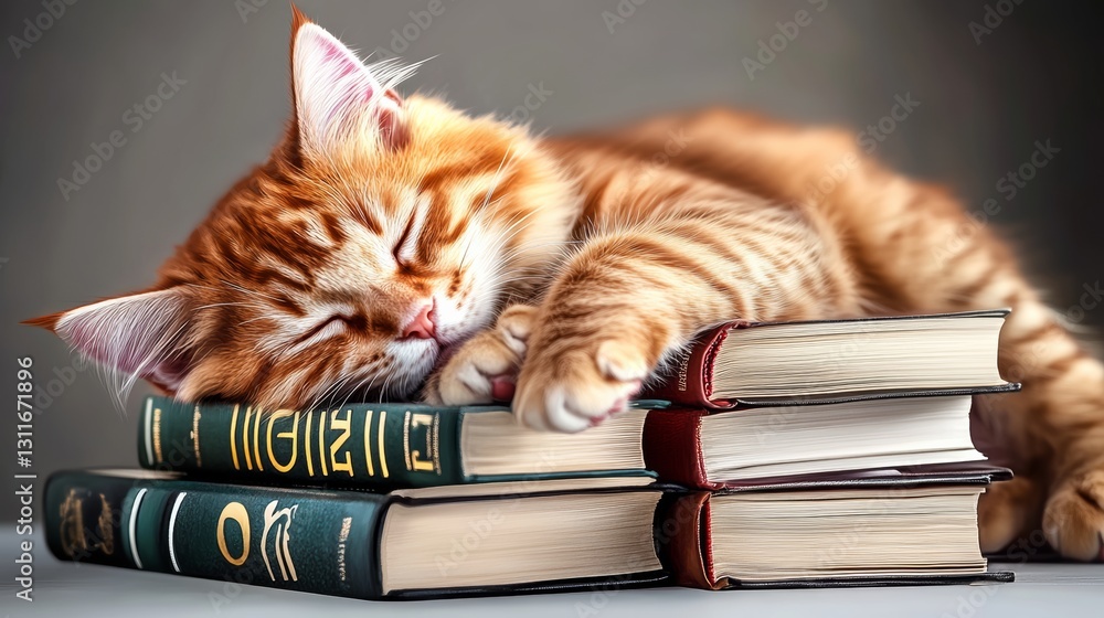 Poster cat is sleeping on top of a stack of books. the cat is curled up and he is in a relaxed state. the b