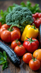 A Colorful Display of Fresh Organic Vegetables and Fruits on a Rustic Wooden Table for Health Marketing and Culinary Use