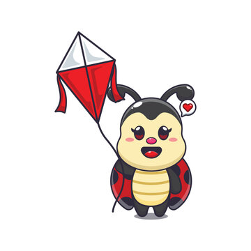 recommend clip art: ladybug playing kite. mascot cartoon character vector illustration.