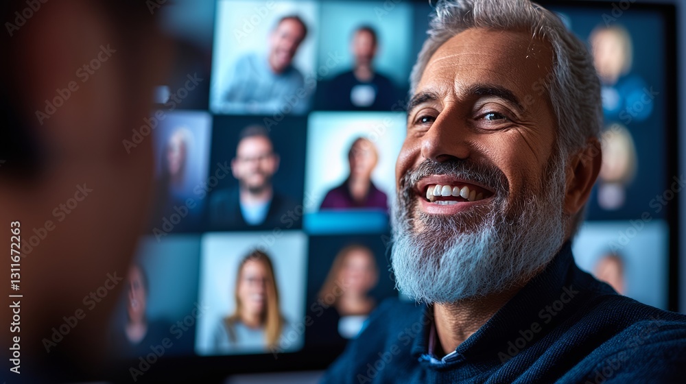 Poster man with a full beard is smiling at the camera. he is surrounded by a group of people in a collage o