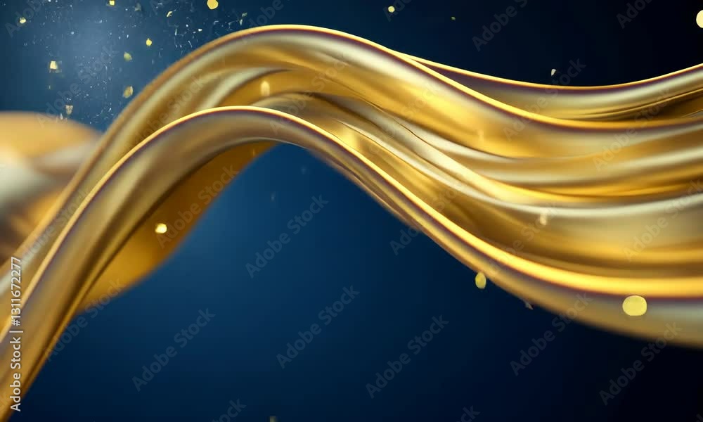 Poster golden abstract waves with sparkling particles on dark background