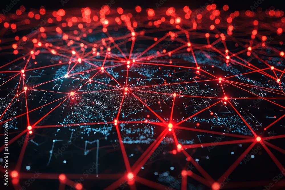 Poster seamless global connectivity illustrated through a digital network of red plexus nodes.