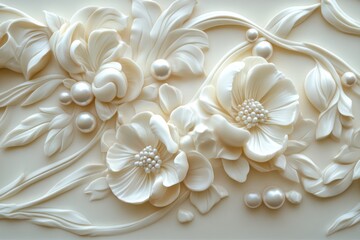 Elegant white floral 3D wall art, pearl accents, cream background, home decor