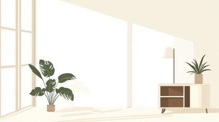 Sunny living room, plants, cabinet, minimalist design, interior design