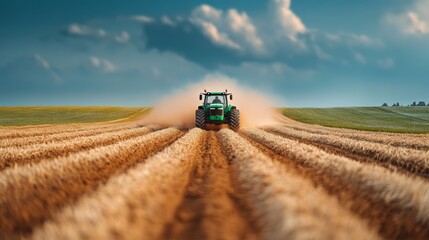 Obraz premium Green tractor is driving through a field of dry, brown grass. The tractor is spraying the field with a substance, likely fertilizer or pesticide. The scene is peaceful and serene