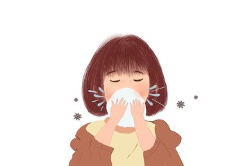 Illustration of a girl, coughing due to in fection by virus bacteria  or germs