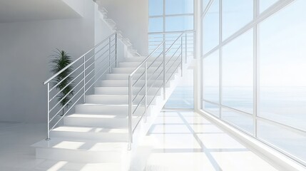 Fototapeta premium A clean, open indoor staircase with simple white steps, metal railings, and large windows allowing sunlight to flood the space, perfect for creative designs.