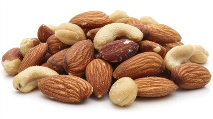 Fototapeta premium A clean white background with roasted almonds, cashews, and walnuts scattered around, offering room for wellness promotion or snack-related text.