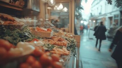 Blurred modern café interior with a glass door and a counter filled with fresh food, illuminated by warm sunlight, creating a cozy and inviting atmosphere with a bokeh effect.