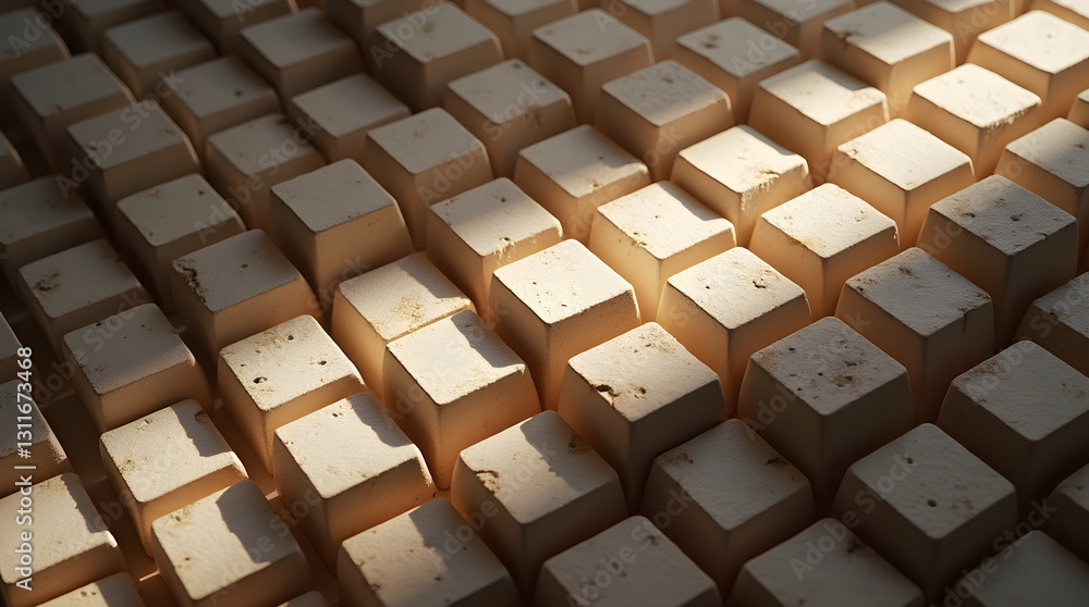 Aufkleber sunlit stone cube grid with shadows - abstract architectural texture pattern