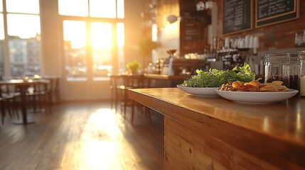 Blurred modern café interior with a glass door and a counter filled with fresh food, illuminated by warm sunlight, creating a cozy and inviting atmosphere with a bokeh effect.