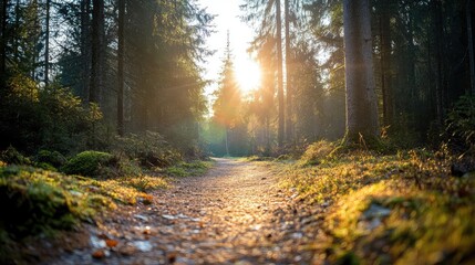 Obraz premium A clear path through a forest with sunlight shining down, symbolizing the journey toward positivity and personal growth.