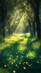 Fototapeta premium Sunlight filters through trees, illuminating a serene forest path filled with greenery.