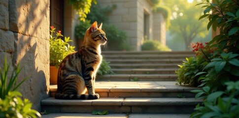 A tabby cat sits serenely on sun-drenched stone steps, bathed in the warm glow of morning light, amidst lush greenery and blooming flowers.
