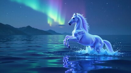 Fototapeta premium Magical White Stallion Leaps Across Serene Waters Underneath a Breathtaking Aurora Borealis Display