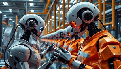 Fototapeta premium Robots in a factory appear to be performing a technical task together