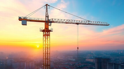 Fototapeta premium Construction site with a building under development, a tower crane, and heavy machinery at sunset, symbolizing urban growth, industrial progress, and modern infrastructure.