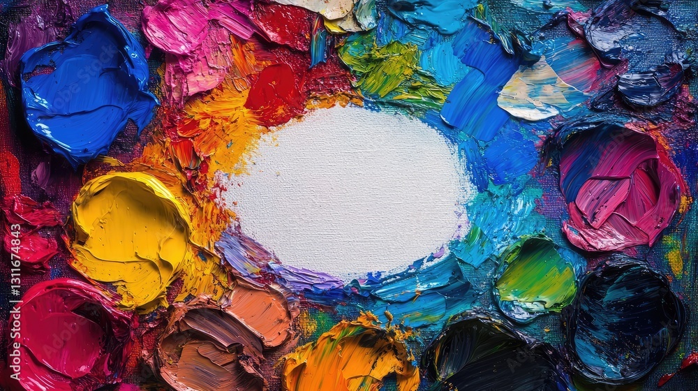 Poster a colorful palette with paint blobs and a blank canvas, symbolizing the start of an artistic creatio
