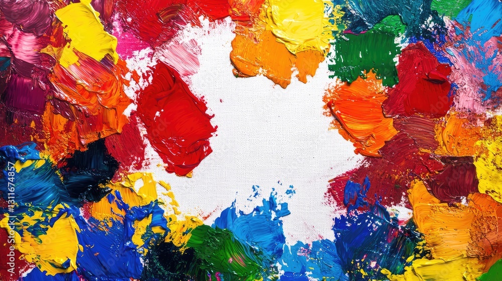 Poster a colorful palette with paint blobs and a blank canvas, symbolizing the start of an artistic creatio