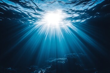 Underwater Sunlight Rays in Dark Blue Ocean