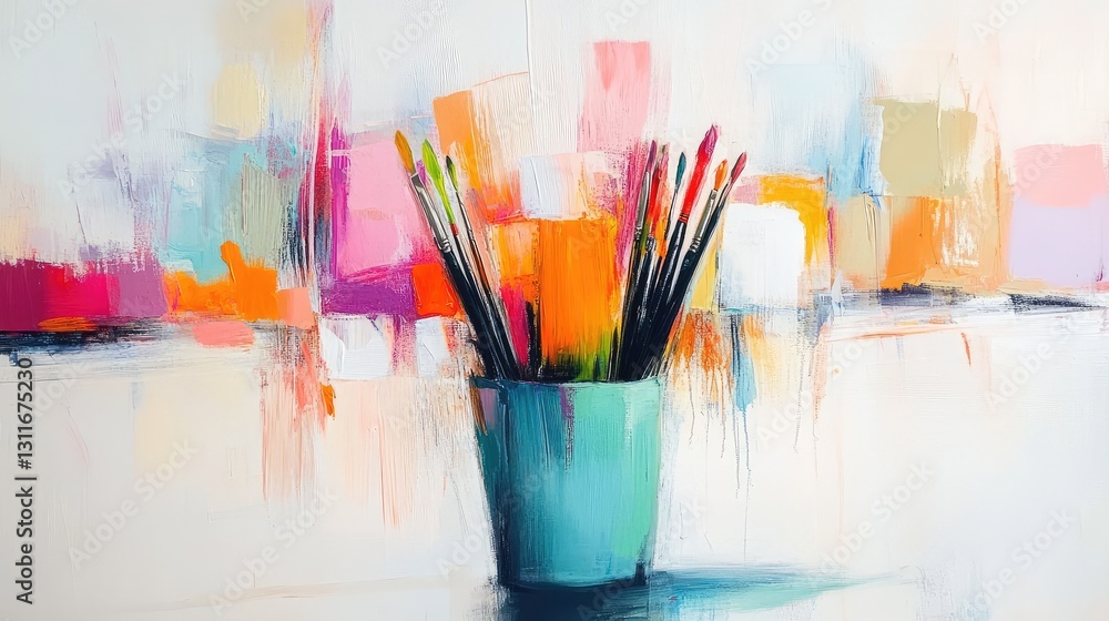 Poster a cup of colorful paintbrushes with a blank canvas in the background, showing artistic potential.