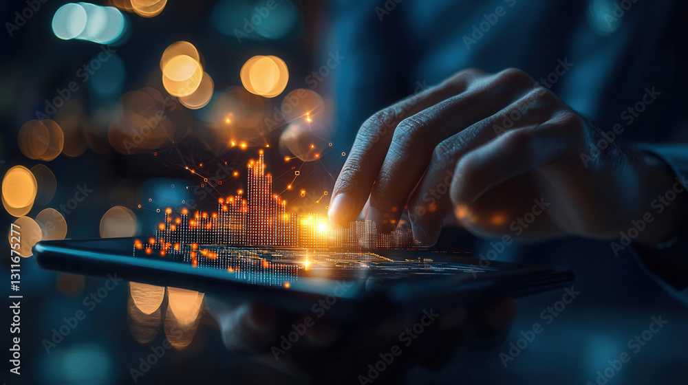 Poster transforming data into insights, business analyst uses big data on tablet