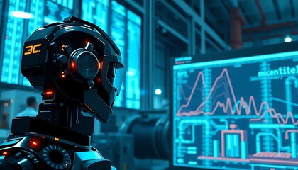 A futuristic robot analyses complex data presented on computer screens