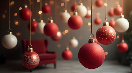 Festive Red and White Christmas Ornaments Hanging Bokeh Lights Holiday Decor