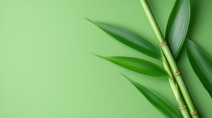 Obraz premium A close-up of bamboo stalks and leaves against a vibrant green background, symbolizing nature and tranquility.