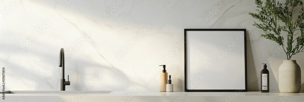 Poster mockup of a modern flat photo frame featuring textured shadows displayed on a minimalist white tile 