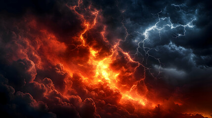 Dramatic Stormy Sky with Lightning and Fiery Clouds at Dusk