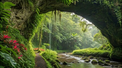 Obraz premium A lush, green natural arch hidden deep within a tropical rainforest.