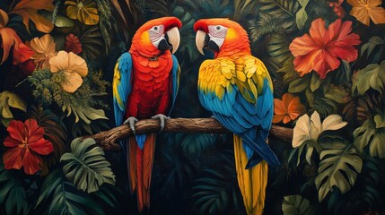 Fototapeta premium A vividly colored macaw perches gracefully, its rich red and yellow plumage detailed against an intense black backdrop, capturing the bird’s majestic presence