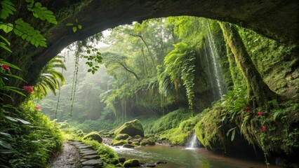 Fototapeta premium A lush, green natural arch hidden deep within a tropical rainforest.