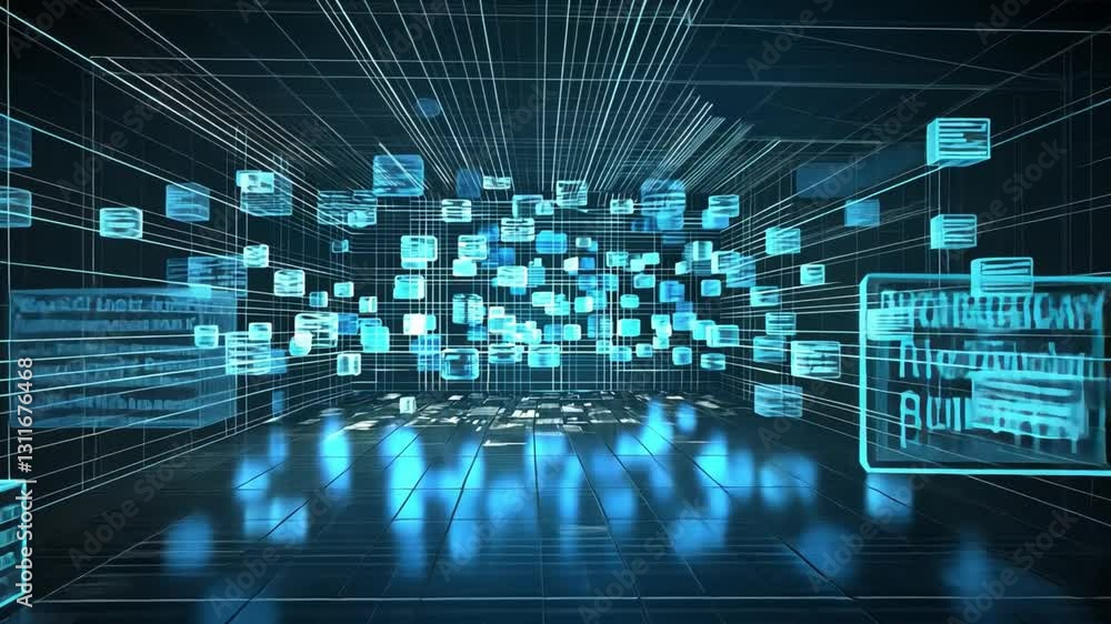 Poster digital data visualization glowing blue cubes in abstract technology flow and information representa