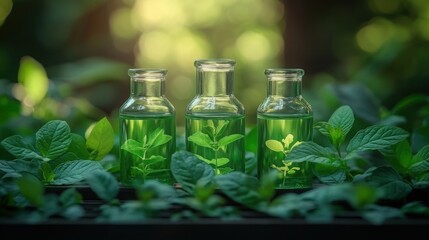 Three Glass Bottles of Herbal Extract with Fresh Green Plants
