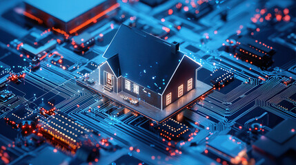 Fototapeta premium digital house model on circuit board, symbolizing real estate investment and technology