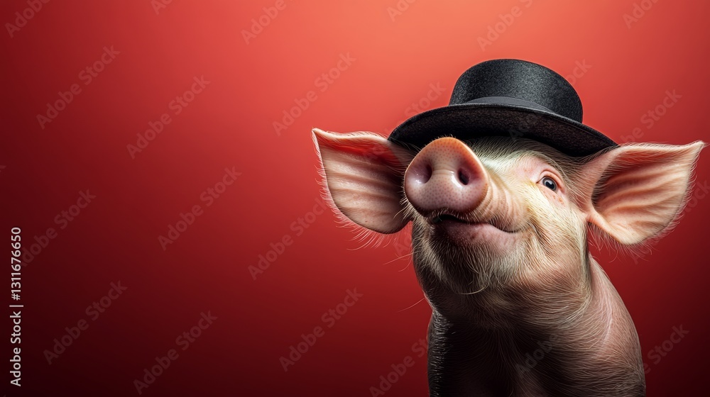 Poster pig wearing a hat is smiling at the camera. the image has a playful and lighthearted mood, as the pi