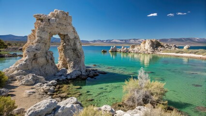 A unique tufa arch formed by the deposition of minerals in a crystal-clear lake.