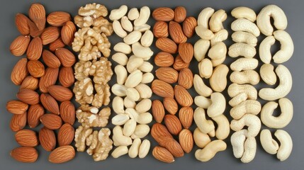 A flat lay of cashews, almonds, and walnuts arranged on a clean surface with room for promotional or health-focused text.
