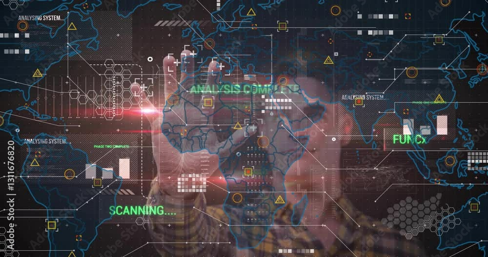 Poster interacting with digital interface, man scanning global data analysis in animation