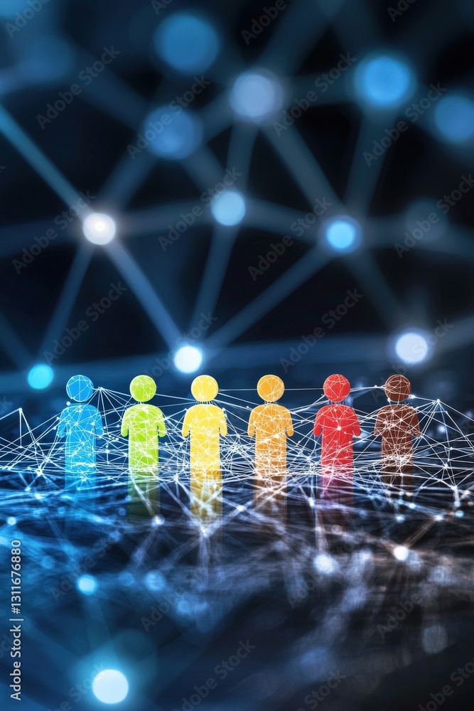 Poster highlighting diversity and inclusion with a team of holographic figures of varying ethnicities and a