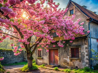 Urban Exploration: Blooming Sakura Tree Beside House - Springtime Serenity