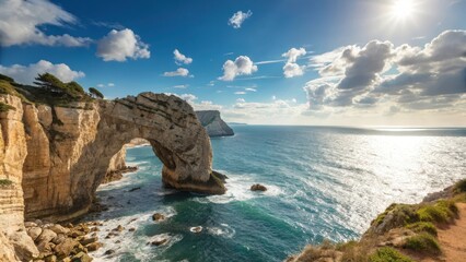 Obraz premium A natural arch carved into a cliffside, offering a breathtaking view of the ocean beyond.