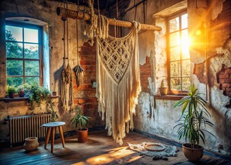 Obraz premium Urban Exploration: Boho Driftwood & Macrame Wall Decor in Abandoned Building